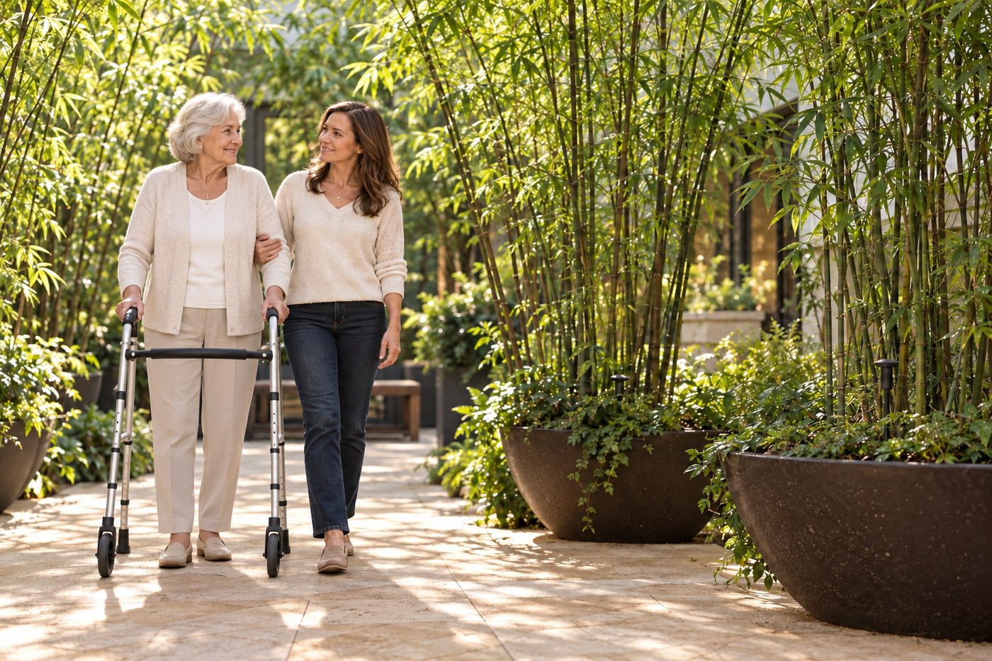A daughter walking beside her mother, who is using a folding walker, along a sunlit garden path