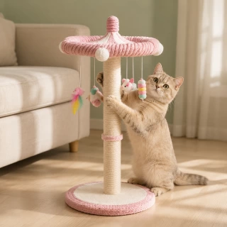 39“ Tall Carousel Cat Scratching Post with Hanging Toys Cat Tree Tower with Rotating Top 17.7" Stable Base Interactive Toys For Indoor Kittens and Adult Cats Climbing