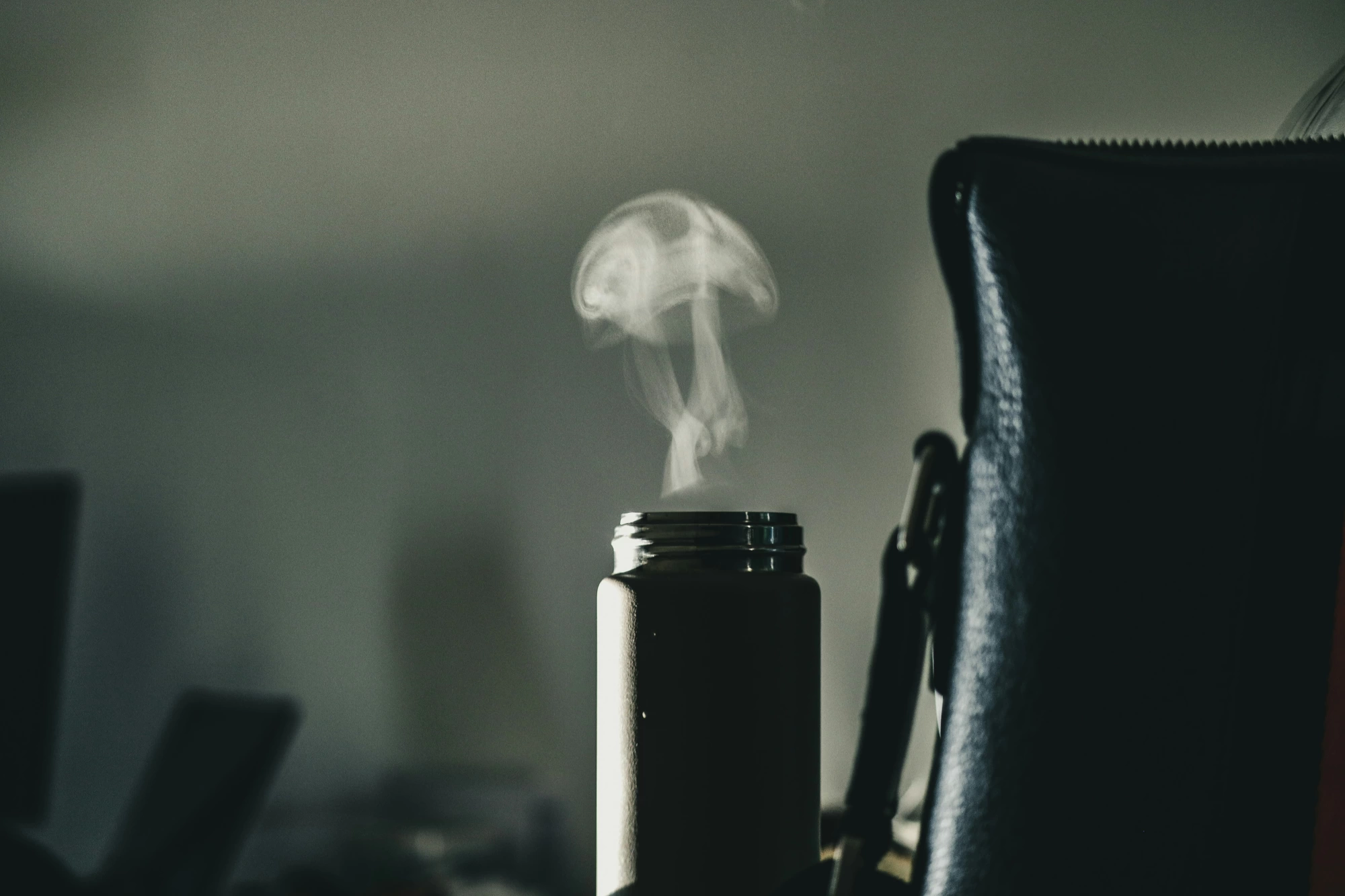 Humidifier releasing mist in a room during autumn
