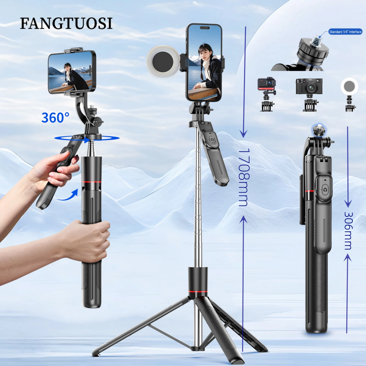 FANGTUOSI New 1.7M Wireless Selfie Stick Tripod Foldable Stand For Gopro Action Cameras Smartphones Balance Steady Shooting Live