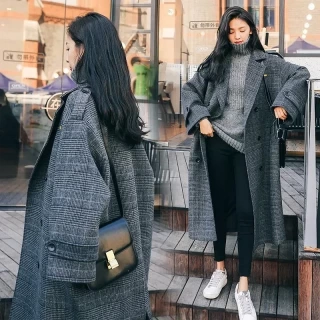 Women’s Grey Plaid Wool Blend Trench Coat