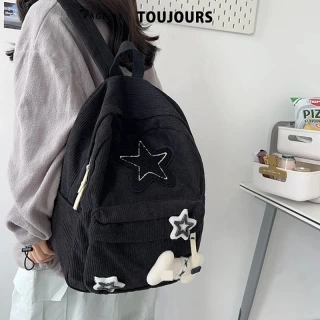 Y2K Girls Star Pattern Corduroy Laptop Backpack – Large Capacity School Bookbag with Double Shoulder Straps