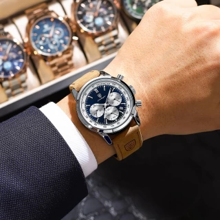 Luminous Leather Chronograph Watch – Luxury Men's Analog Watch with Glow-in-the-Dark Dial, Sporty Quartz Movement, & Genuine Leather Strap