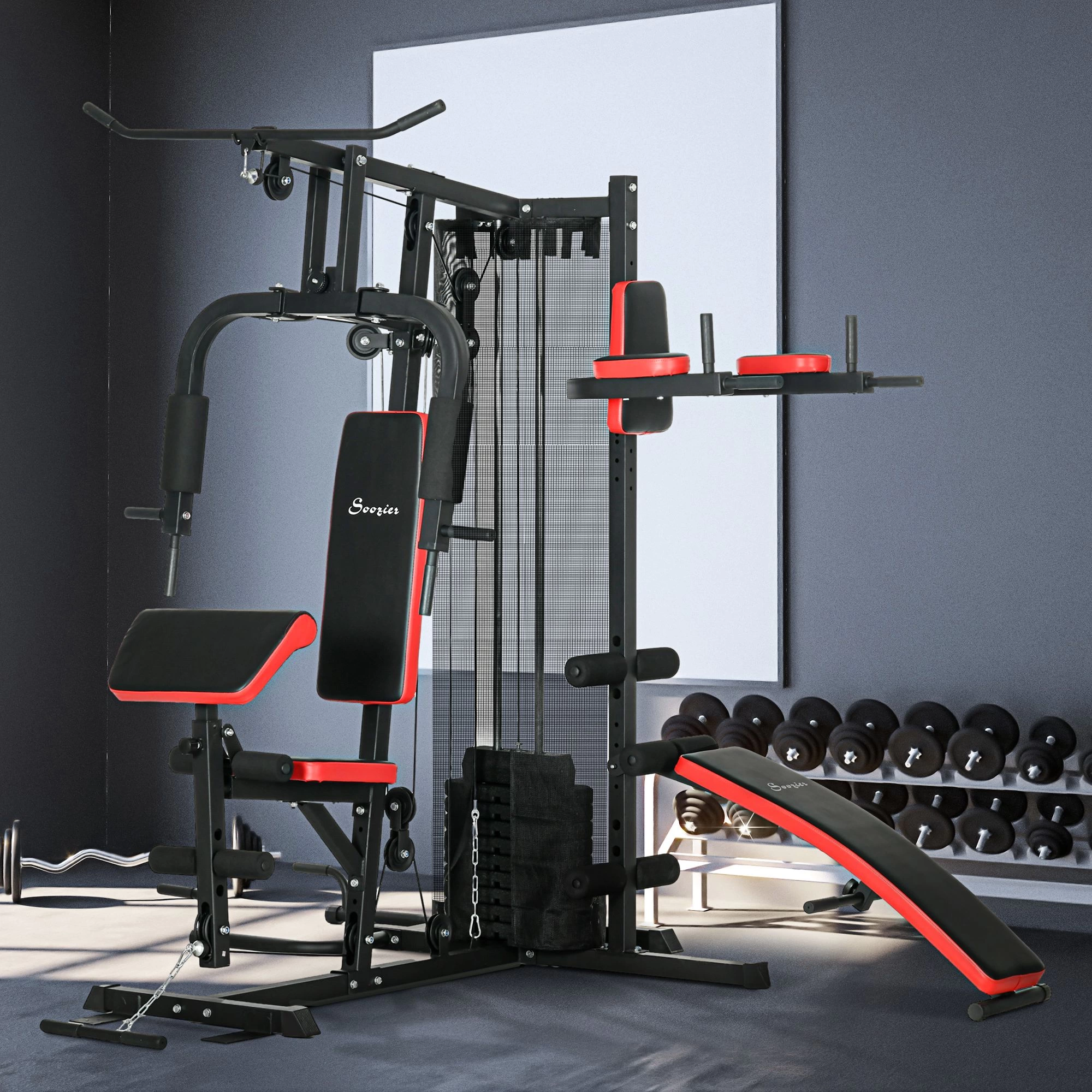 SPORTNOW Multi Gym Workout Station with 65kg Weight Stack, Sit Up Bench ...