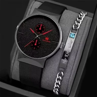 Men’s Sports Business Quartz Watch & Bracelet Set – Elegant Analog Timepiece with Matching Fashion Bracelet for Everyday & Formal Wear
