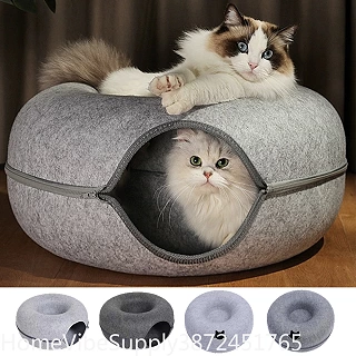 Donut Den — Felt Tunnel Bed with Built-In Scratcher