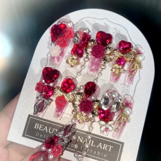 24pcs Heavy Metal Red Crystal Design False Nails