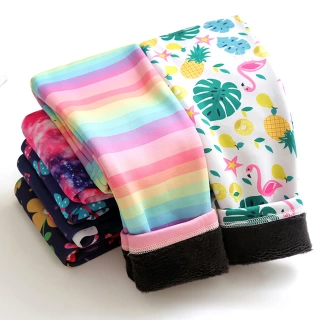 Girls Warm Plush Long Pants – Cozy Fleece-Lined Leggings with Cartoon Butterfly Stripes for Autumn & Spring