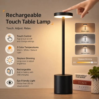 Cordless Rechargeable Table Lamp – Touch Control LED Desk Light, 3 Color Dimmable Portable Lamp for Bedroom, Restaurant & Home Decor