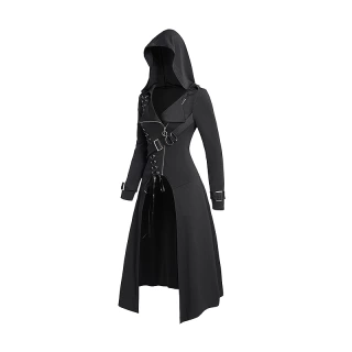 Dressfo 2024 Women’s Gothic Hooded Coat – Lace Up Zip Long Trench Jacket Black