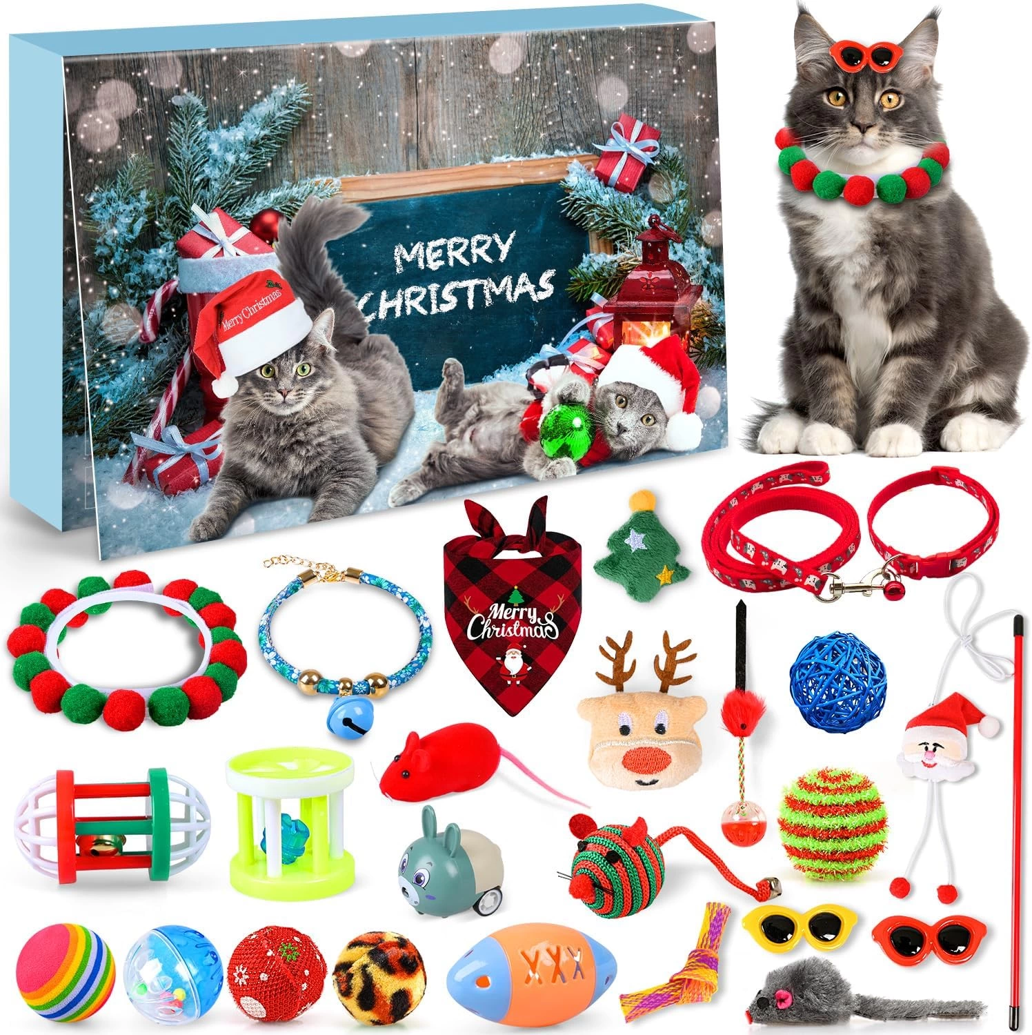 Cat Advent Calendar 2025 Christmas Interactive Toys for Indoor Christmas Gifts Fake Mouse Bell Balls for Cat Lover Gifts