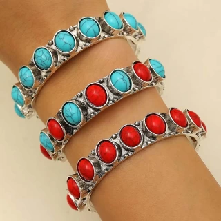 Bohemian Turquoise Cuff Bracelet for Women – Vintage Adjustable Geometric Open Bangle