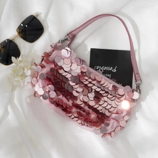 Shiny Sequins Small Tote Bag – Pink & Silver Glitter Evening Handbag | Bling Bucket Purse for Women & Girls