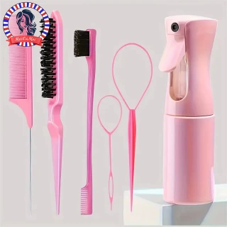 6pcs Hair Brush Set with Spray Bottle, Braiding Loop & Rat Tail Comb – Edge Control & Teasing Brushes