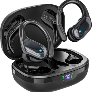Wireless Earbuds, Sports Bluetooth Headphones, 80Hrs Playtime Ear Buds with LED Power Display, Noise Canceling Headset, IPX7 Waterproof Earphones for Workout/Running (Black)