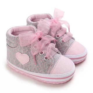 Pink Girls Heart Shoes with Embroidered Details & Lace Tie