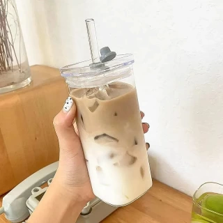1 PC 400ml Square Glass Coffee Cup with Lid & Straw