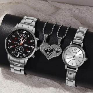 4pcs Versatile Couple Quartz Steel Band Watch and Couple Necklace