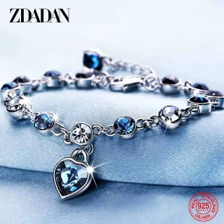 ZDADAN 925 Sterling Silver Sapphire Heart Charm Bracelet – Elegant Chain Jewelry Gift for Women