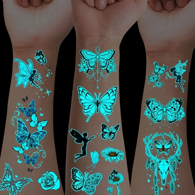 12 Sheets Butterfly Luminous Temporary Tattoo Blue Glow In the Dark Tattoo Sticker For Women Hands Face Tattoo Music Party Decor