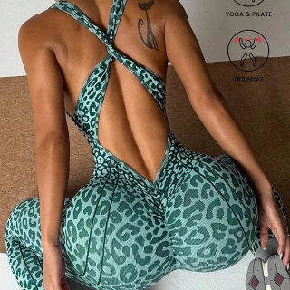 Seamless Leopard Yoga Jumpsuit With Pads Sport Clothes Bodysuit Sleeeless One-Piece Workout Clothes Gym Leggings Sportswear