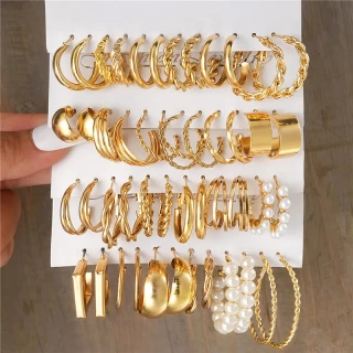 Boho Gold Hoop & Pearl Earring Set for Women – Vintage Metal Circle Earrings with Zircon Studs