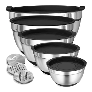 8-Piece Stainless Steel Mixing Bowl Set with Airtight Lids | Non-Slip Bottoms, Black Kitchen Bowls for Baking & Serving