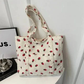 Corduroy Strawberry Shoulder Tote Bag – Large Capacity Casual Handbag for Women, Cute Commuter & Travel Purse