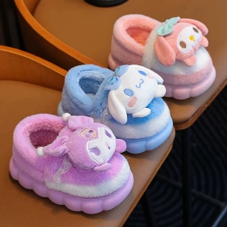 Winter Warm Cute Cartoon Indoor Mule Soft Non-slip Fluffy Slippers For Kids Teen Boys Girls Children Home Cotton Shoes Size 24-4