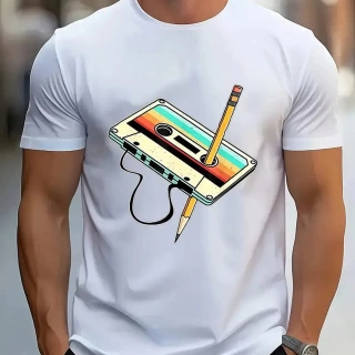 Vintage 90s Cassette Music Print Cotton T-Shirt for Casual Men - Retro Inspired Outfit Perfect for Christmas and Thanksgiving Gifts