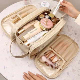 JetsetEase Double Zipper Travel Makeup Brush Bag – PU Leather Cosmetic Case