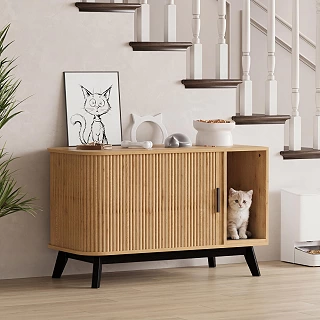 39" Sliding Door Litter Cabinet - Natural Oak Sideboard with Mat