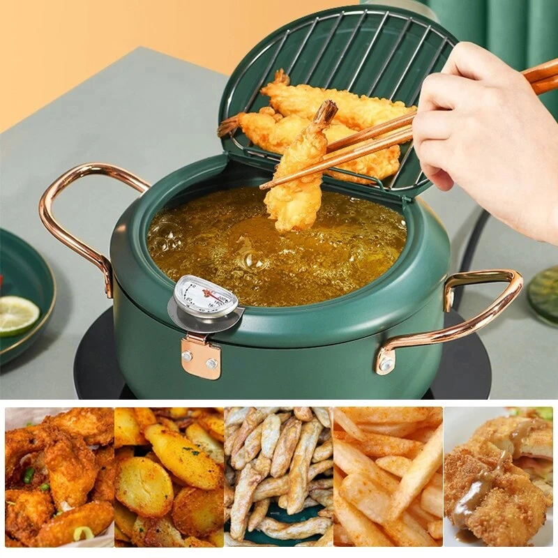4,5L/5L/5,5L Frituurpan, 304 roestvrijstalen friteuse met oliezeefmand & thermometer & transparant deksel, Japanse Tempura koekenpan pastakoker voor frietjes, koken asperges (4,5 l