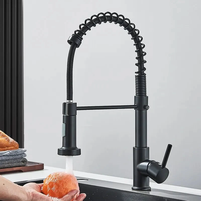 🚰 Pull-Down Kitchen Faucet – Matte Black Brass Spring Faucet with Dual Mode Nozzle | Hot &amp; Cold Mixer Tap for Single-Hole Sink Installation