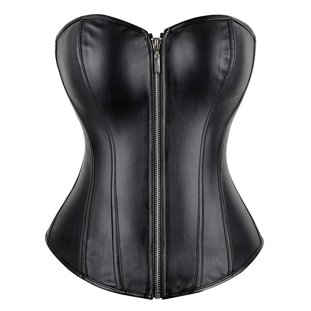 Faux Leather Overbust Corset – Zip Front Bustier Top